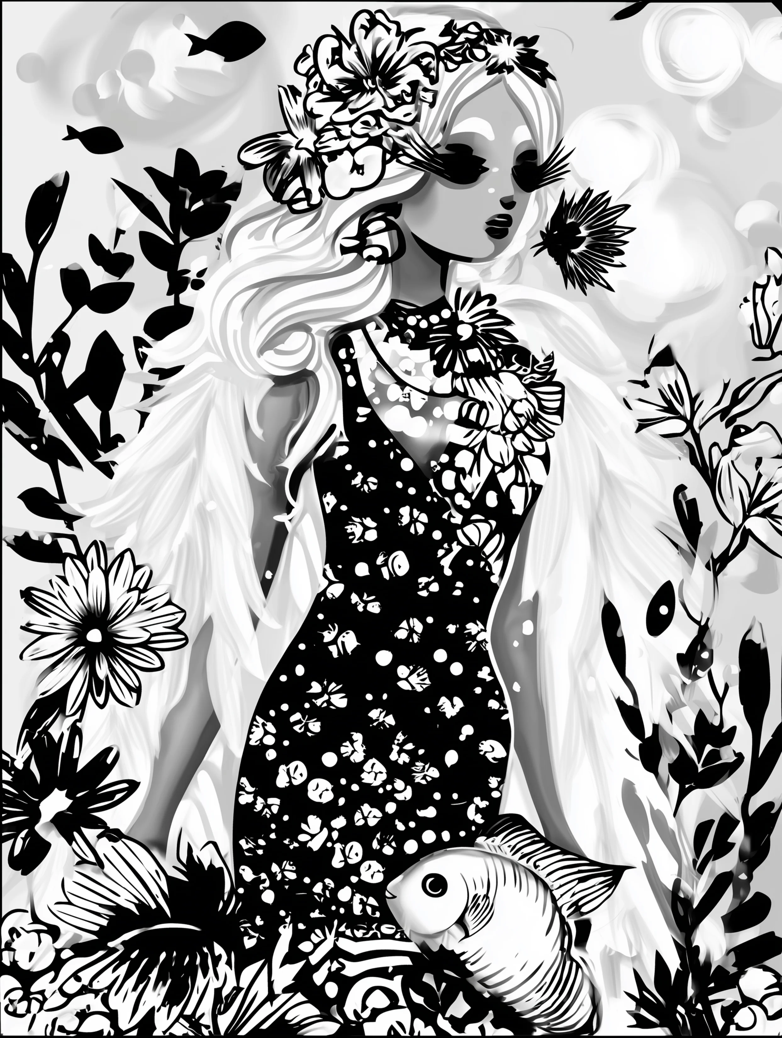 Free printable underwater coloring page for adults featuring a right facing mermaid with fish